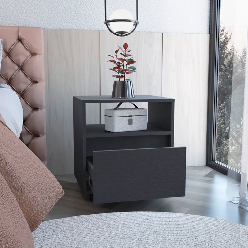 Table de chevet Austin, table de bout, roulettes de table d'appoint, tiroir simple - noir, Blanc