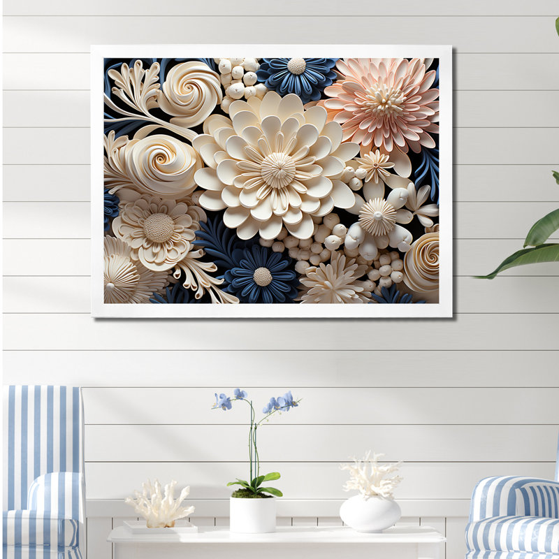 Collage de fleurs de corail blanc et bleu sur toile, Cadre de coin blanc fermé, H 16 po x l 32 po x P 1 po