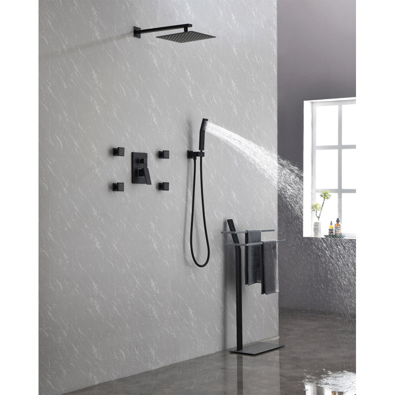 Système de douche, système de douche noir mat complet de 10 pouces avec jets de corps, pomme de douche à pluie carrée, douche à main et valve à pression équilibrée à 3 fonctions, ensemble de robinet de salle de bain luxueux