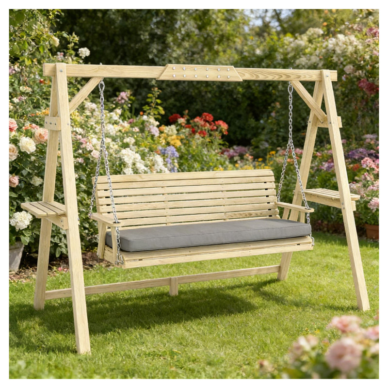 Balancelle de jardin d'extérieur en bois naturel avec coussin pour patio et porche