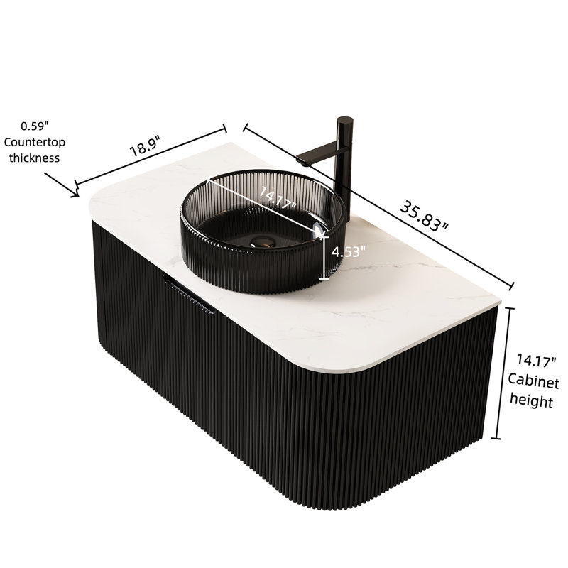 Meuble-lavabo mural de 91 cm (36 po) noir, lavabo rond en verre transparent, tiroir de rangement à rayures 3D, lavabo noir préassemblée dans le meuble-lavabo, tiroir.
