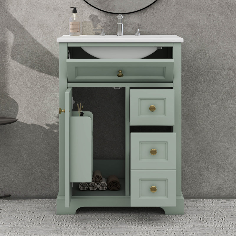 Meuble-lavabo de salle de bain avec lavabo 24 po, tiroir coulissant et support de porte, tablette réglable, tiroirs et porte à fermeture en douceur