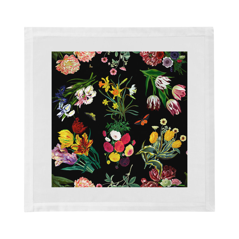 Flora Fauna Cotton Sateen Dinner Napkins, Black