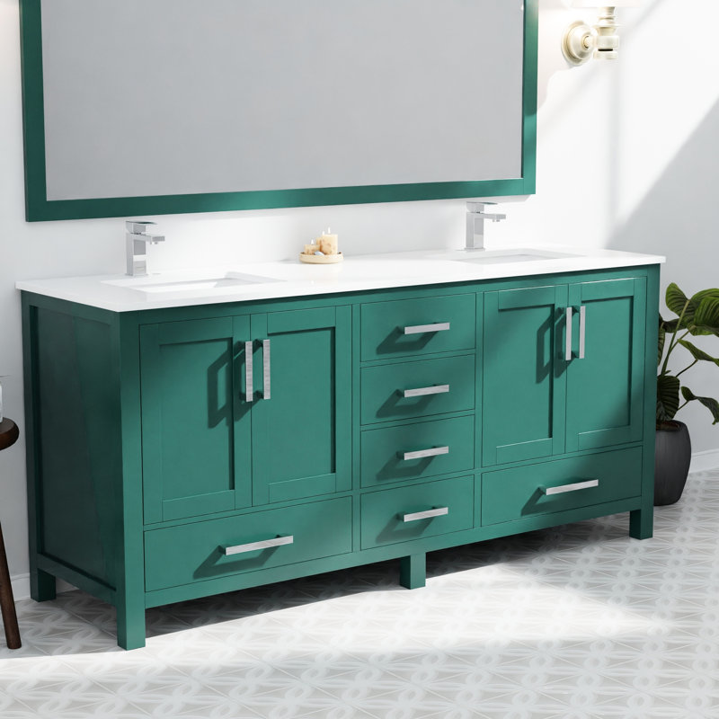 Meuble-lavabo double, l 72 po x P 22 po, bois massif, comptoir en marbre, rangement