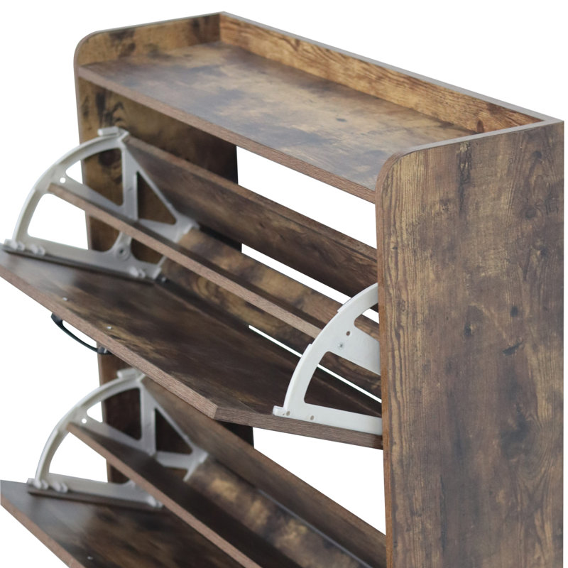 Armoire de rangement pour chaussures avec 2 tiroirs rabattables, organisateur autoportant avec pieds en métal pour le vestibule, étagère à chaussures étroite, rustique
