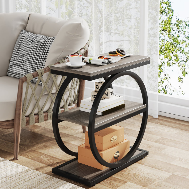 Marquille 3-Tier Manufactured Wood and Metal End Table with Round Frame , Gray/Black