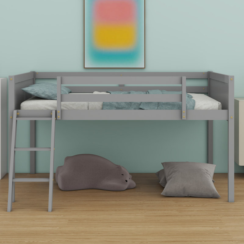 Lit mezzanine bas en bois avec échelle, l'échelle peut être placée à gauche ou à droite, gris