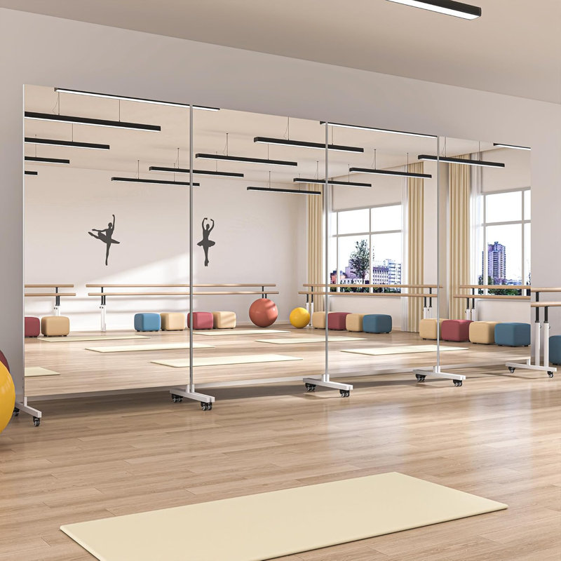 Home Gym Mirror 360° Swivel on Wheels,Extra Large Full Body Rolling Mirror, Tempered Glass Easy to Move Full Length Mirror for Yoga Studio, Bedroom, Dancing Studio