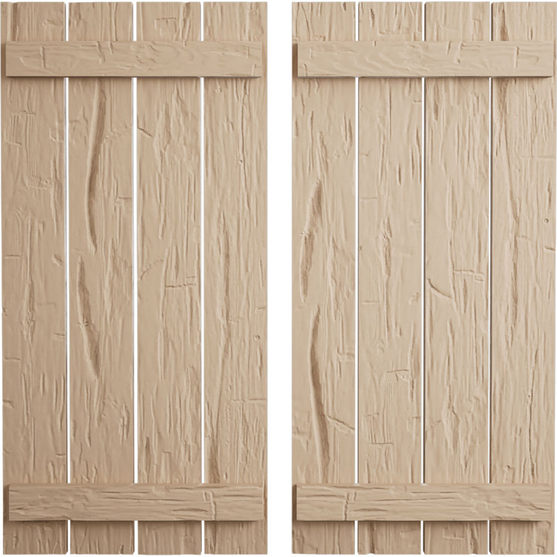 Volets rustiques en faux bois à quatre planches espacées (par paire), Texture taillée à la main / brun clair apprêté, 23"
