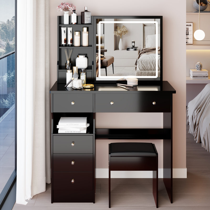 37" Middle Size Left Drawer Desktop Vanity Table + Cushioned Stool Dresser Set,2 AC+2 USB Socket,Hair Dryer Stand, Large Touch Control LED Sliding Mirror,3-color Switch