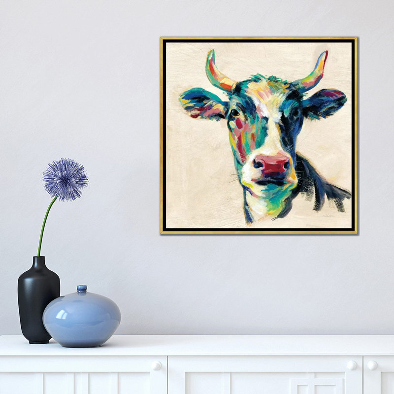" Expressionistic Cow II " by Silvia Vassileva, 26'' H x 26'' W x 1.5'' D, Gold Framed, No Matte