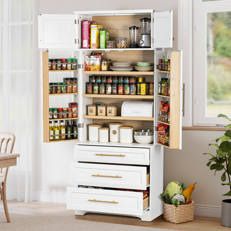 Armoire de cuisine Farmhouse de 78,2 po de hauteur avec 3 tiroirs de rangement et tablettes réglables, Blanc