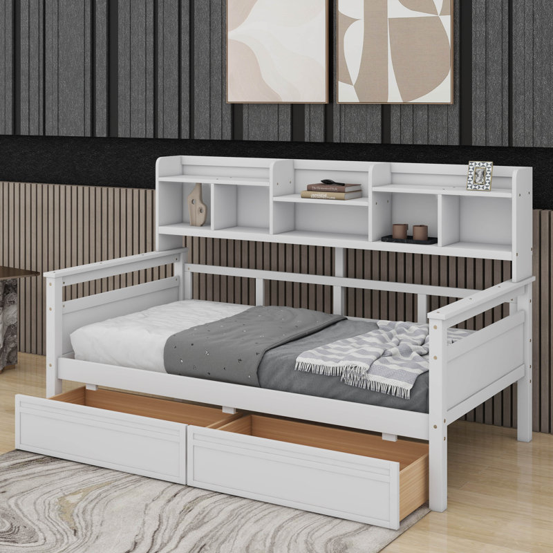 Lit de jour simple, support en lattes de bois, avec tablettes de chevet et deux tiroirs, Lit simple, Blanc