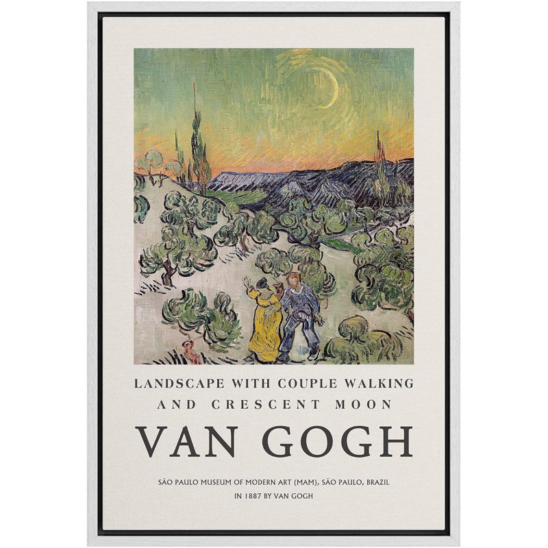 Classical Artwork Landscape Couple Walking Framed On Canvas by Vincent Van Gogh Print, 24" H x 16" W x 1.5" D, White