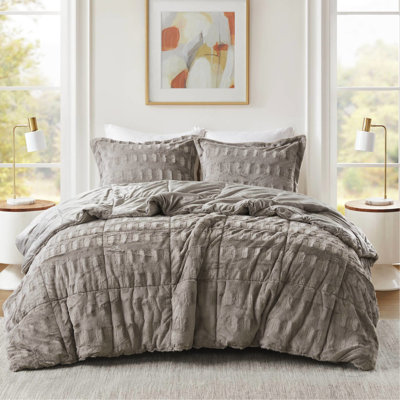 Édredon en fausse fourrure simple gris simple / simple TG de 2 pièces, fourrure brossée élégante, rembourrage, revers en vison doux, taies décoratives (1 pour lit simple) avec bride de pouce, bride de fonction