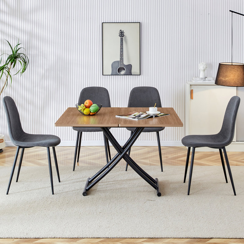 Table polyvalente: table élévatrice avec plateau de 0,8 po d'épaisseur et 4 chaises en tissu gris foncé pour un repas confortable