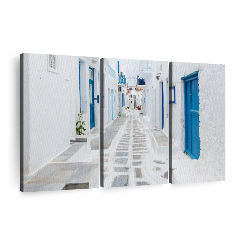 «Mykonos Street», 3 pièces sur toile, H 20 po x l 33 po