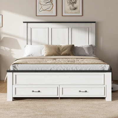 Farmhouse Wood Queen Platform Bed Frame with 52.2" Tall Headboard, Large Storage Drawers, Cream
