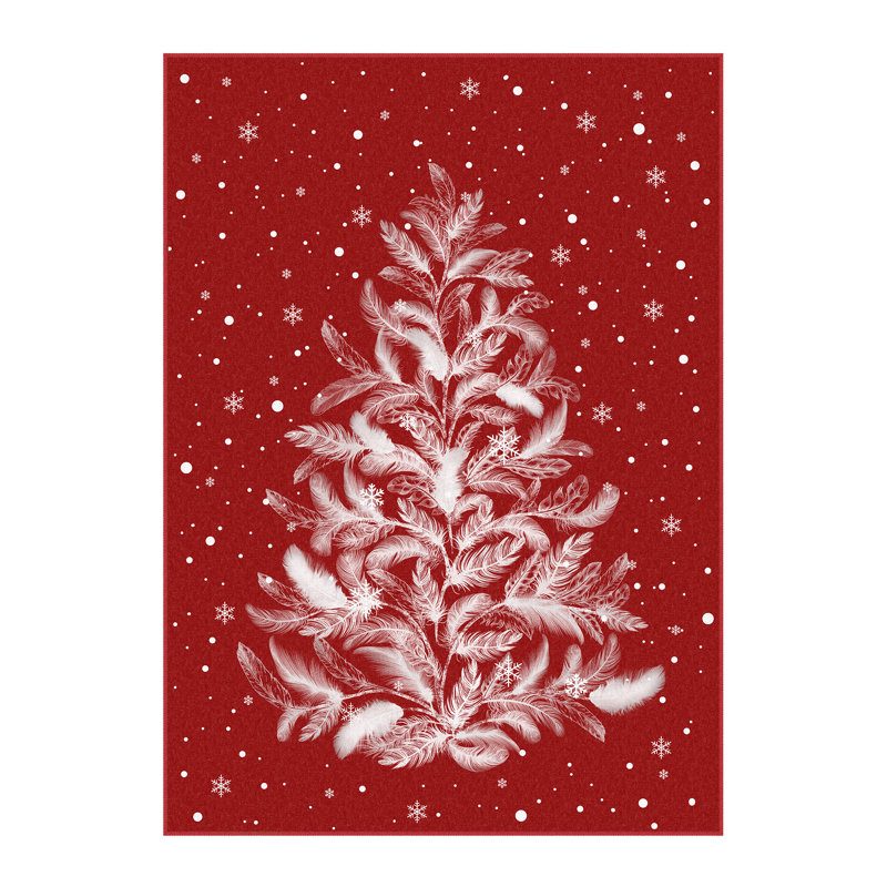 Tapis d'intérieur lavable à la machine Velora Red Feather Christmas Tree avec envers antidérapant, Rectangulaire 2 pi x 3 pi