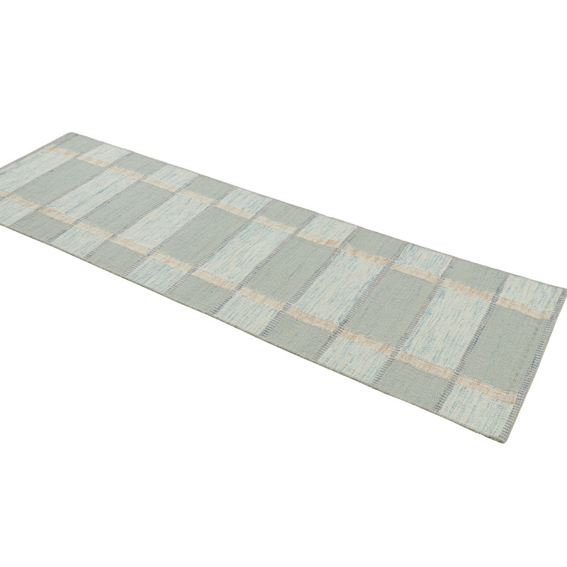 Rug & Kilim’S Scandinavian Style Runner Rug With Seafoam Blue Geometric Patterns, Rectangle 12' x 18'