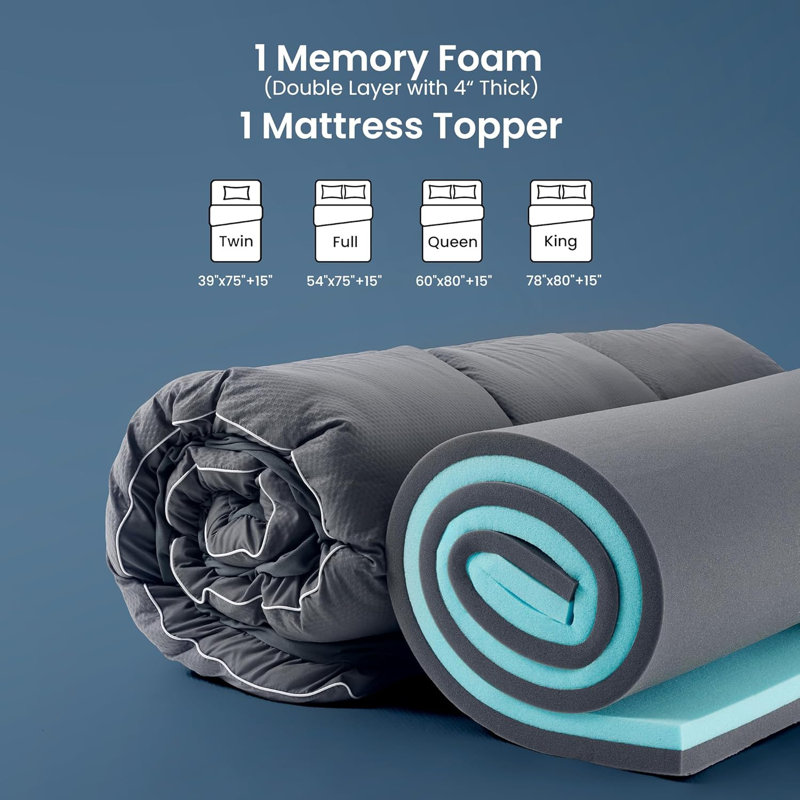  Surmatelas à double couche en mousse viscoélastique de 4 pouces, mousse viscoélastique gélifiée rafraîchissante de 2 pouces et couvre-matelas à plateau-coussin de 2 pouces pour le mal de dos, soutien confortable (simple)