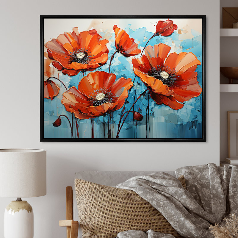 Orange et bleu «Poppy Meadow» - art mural coquelicots, Cadre flottant noir, H 12 po x l 20 po x P 1 po