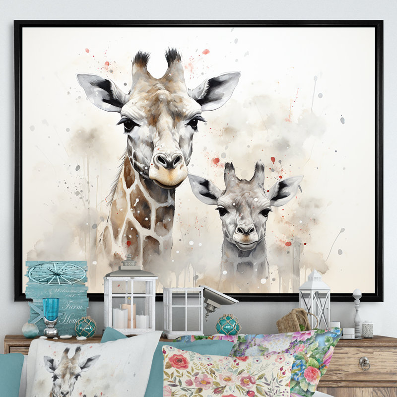 Famille de girafe beige ludique, Cadre flottant noir, H 16 po x l 32 po x P 1 po