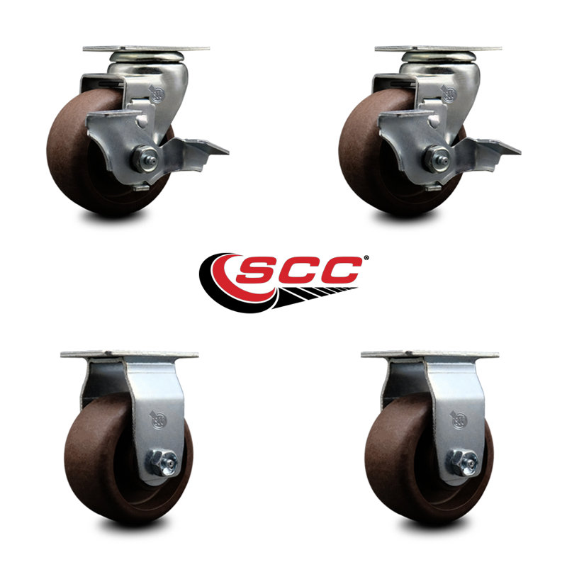 4 Inch High Temp Glass Filled Nylon Caster Set w/Roller Bearing 2 Brakes 2 Rigid