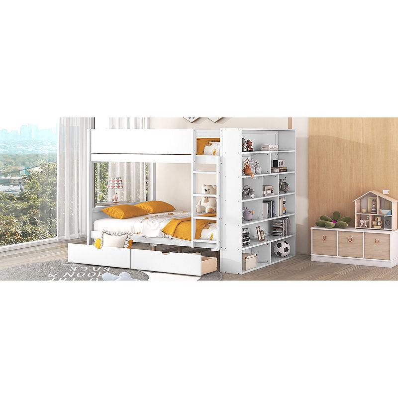 Lit superposé double au-dessus de double avec 2 tiroirs et armoire à couches multiples, Blanc