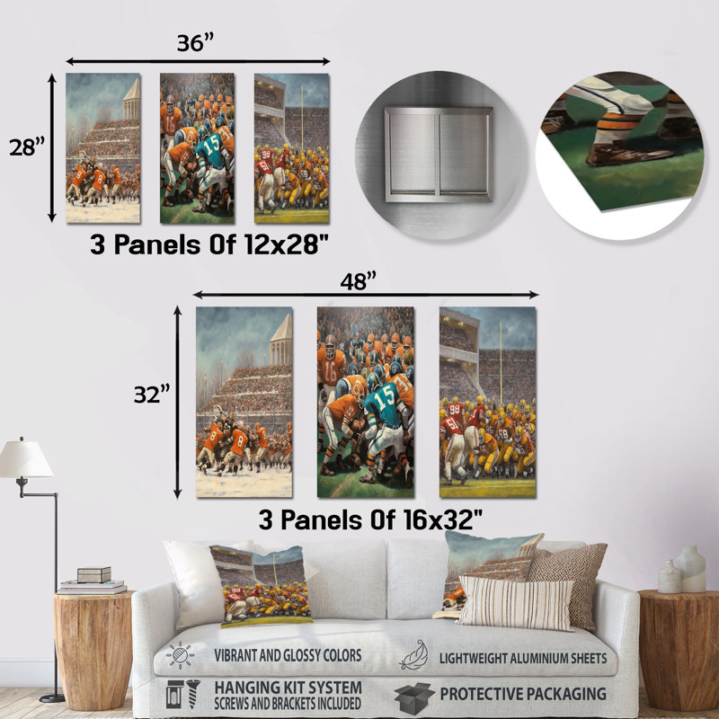 Ensemble de 3 décorations murales orange en métal «Football Clash I» - orange 1970S, H 28 po x l 36 po
