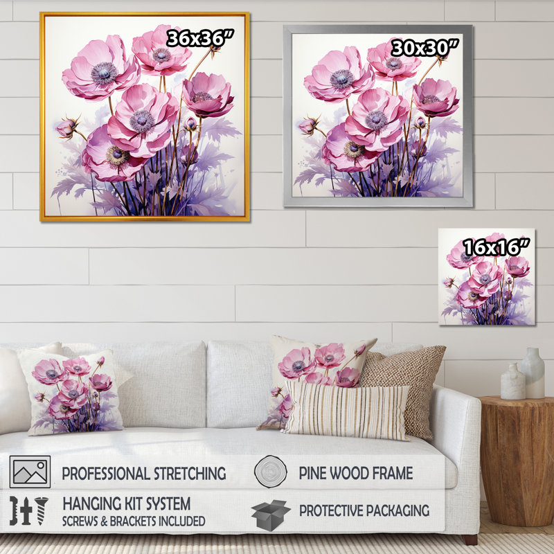 Impression de coquelicot mauve - coquelicots, Cadre flottant brun, H 16 po x l 16 po x P 1 po