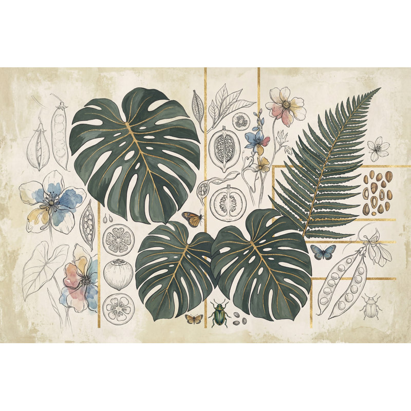 Papier peint botanique à motif de feuilles tropicales et grille amovible, Texturé non collé, 200 po x 120 po