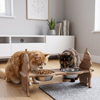 Rustic Natural Wood Finish Elevated Pet Feeder with Stainless Steel Bowls (15.0'' W x 6.8'' D x 7.9'' H)