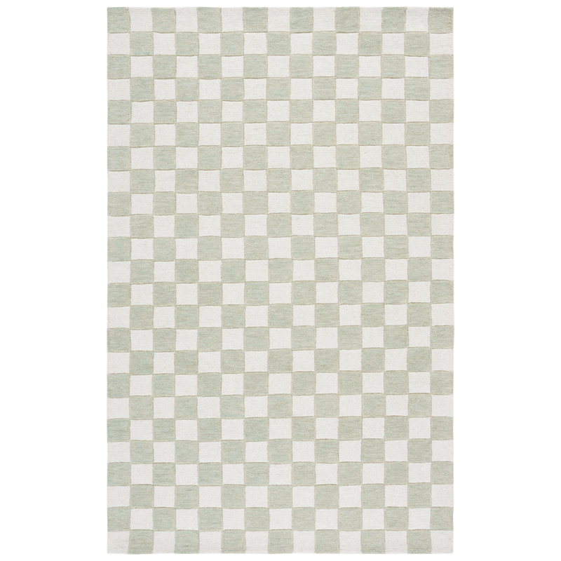 Jevale Ebony Hand Tufted Wool/Cotton Geometric Rug in Light Sage/Ivory, Rectangle 5' x 8'
