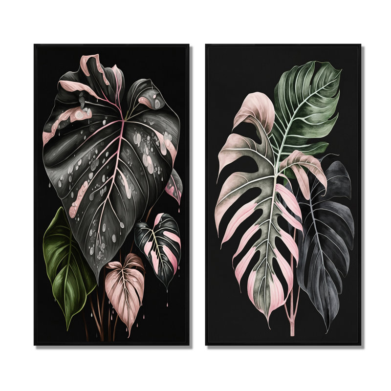 Rose et blanc feuille de philodendron I - ensemble d'art mural floral de 2 pièces, Cadre noir, H 40 po x l 40 po