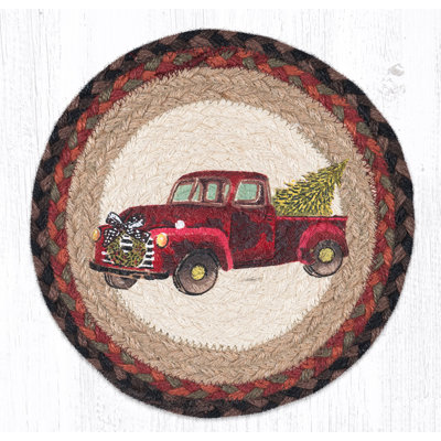  Round Trivet – Christmas Truck Printed Braided Jute, 10"x10", Rustic Holiday Table Décor