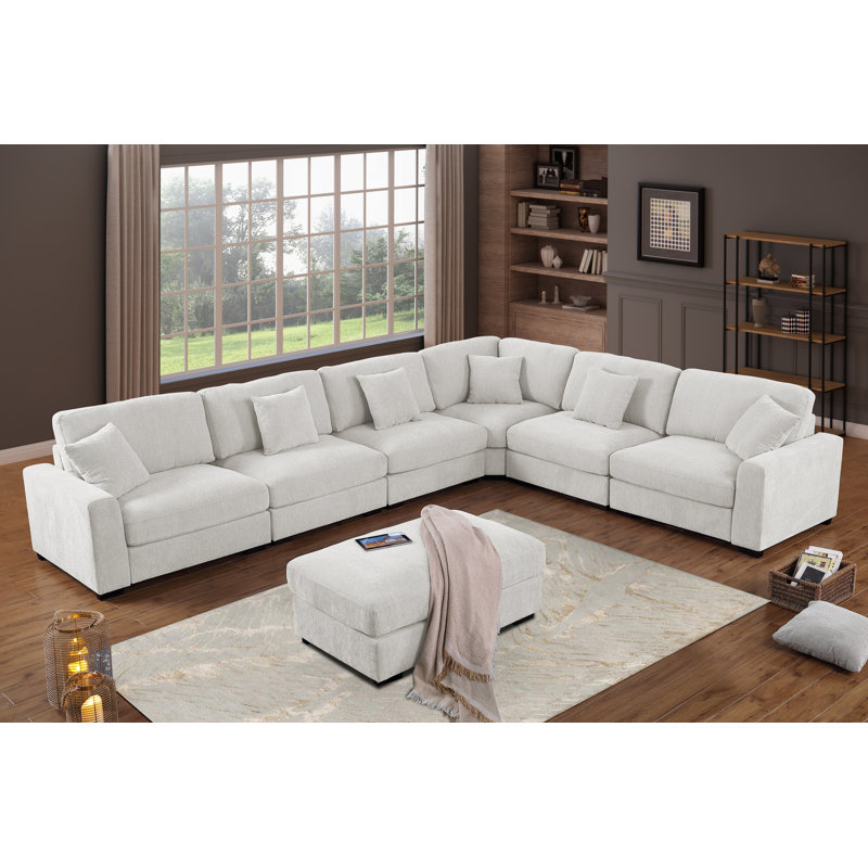 Canapé modulaire en coin 9 pièces Chenille, Polyester blanc kaki