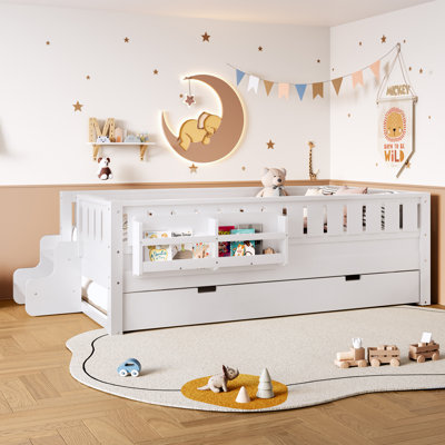 Lit mezzanine simple pour enfants avec tablettes intégrées, petit escalier, rails de sécurité et lit gigogne, blanc