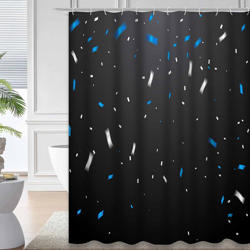 Rideau de douche bleu à petits confettis noir et blanc avec 12 crochets, L 72 po x l 78 po