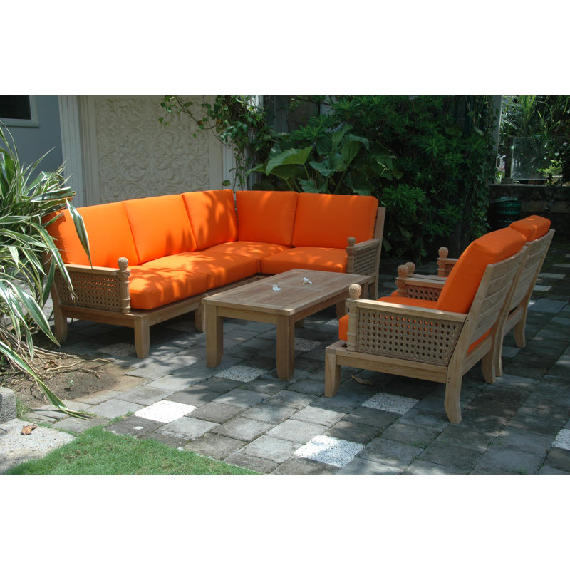 Teak Modular Patio Conversation Set with Sunbrella® Cushions, Table,L-Side,R-side,Middle,Corner, x2 Armchairs