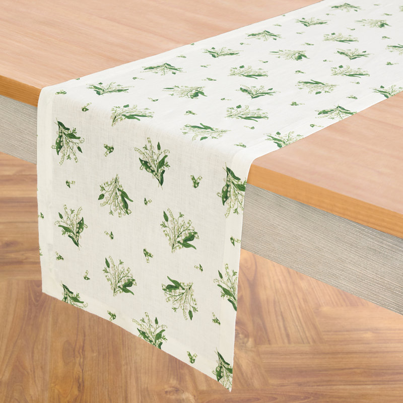 Lily of the Valley - 100% Pure Linen Table Runner, 36" x 14", Lily of the Valley/Off White