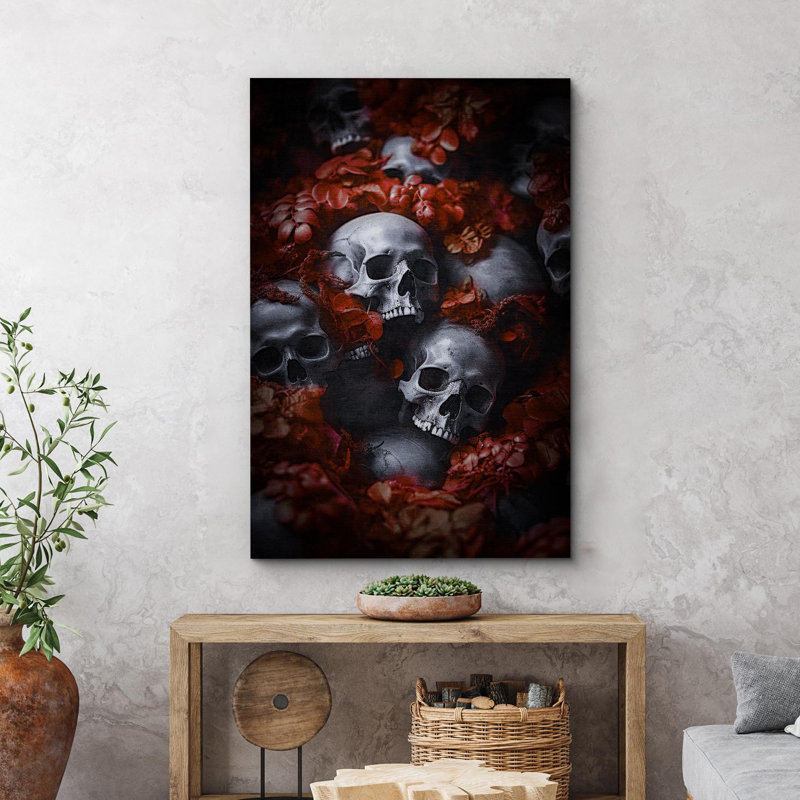 Crânes et fleurs dans un décor sombre Moody foncé, œuvre d'art moderne, décor, Toile tendue, H 48 po x l 32 po