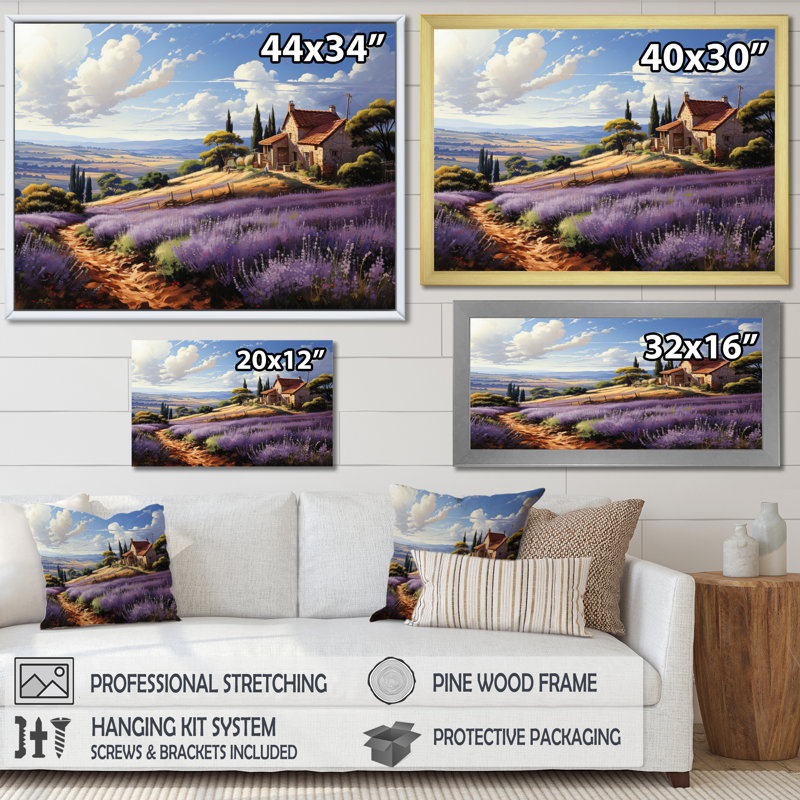 Country Charm Lavender Fields, reproduction d'art sur toile, Cadre simple argenté, H 30 po x l 40 po x P 1,5 po