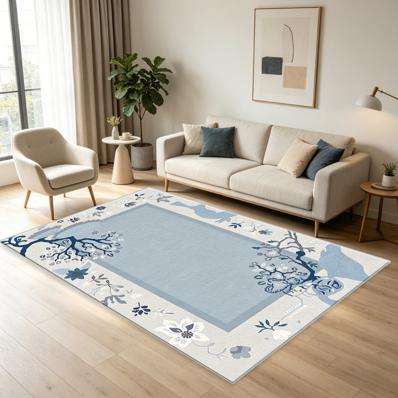 Light Blue Bird Floral carpet-easy to clean, machine-washable, soft and comfortable; suitable for door mats, kitchens, living rooms, bedrooms, corridors, and laundry areas. Easy to clean, durable carpet for home decoration.