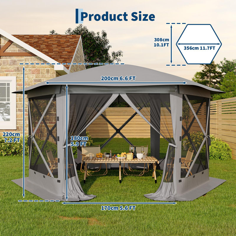 11.5' x 11.5' Hexagonal Pop-Up Gazebo Tent with One-Push Setup, Removable Mesh Panels & Wind Cloths, Outdoor Canopy Shelter for Camping, Backyard Parties, and Events
