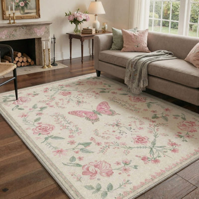 Tapis floral rose papillon 5 pi x 7 pi pour chambre de bébé, beige