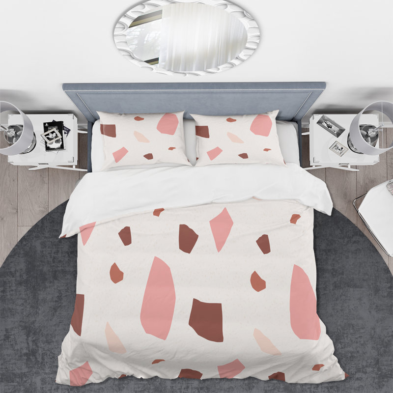Ensemble de housse de couette rose et brun Terrazzo II - Mid-Century moderne - Polyester microfibre