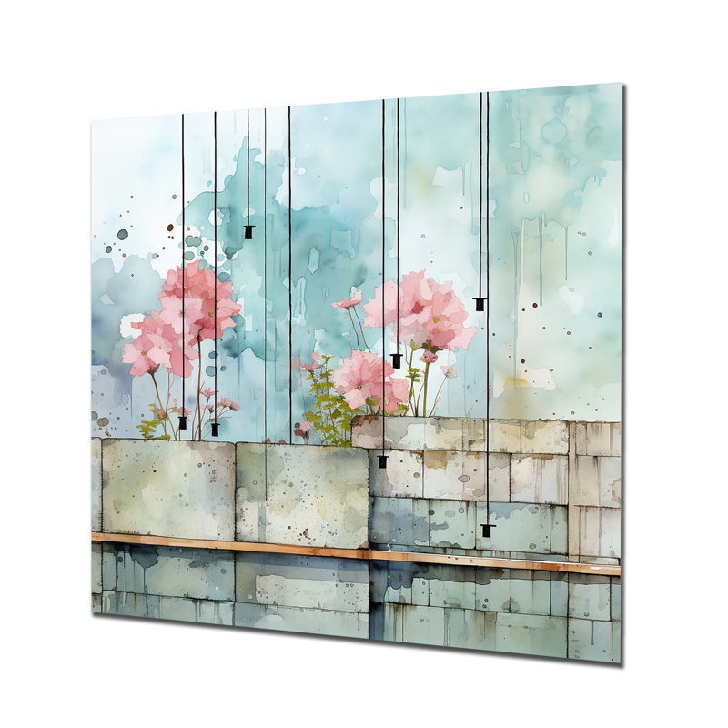Art floral cubique abstrait bleu et rose - Art mural floral abstrait en métal, H 36 po x l 36 po