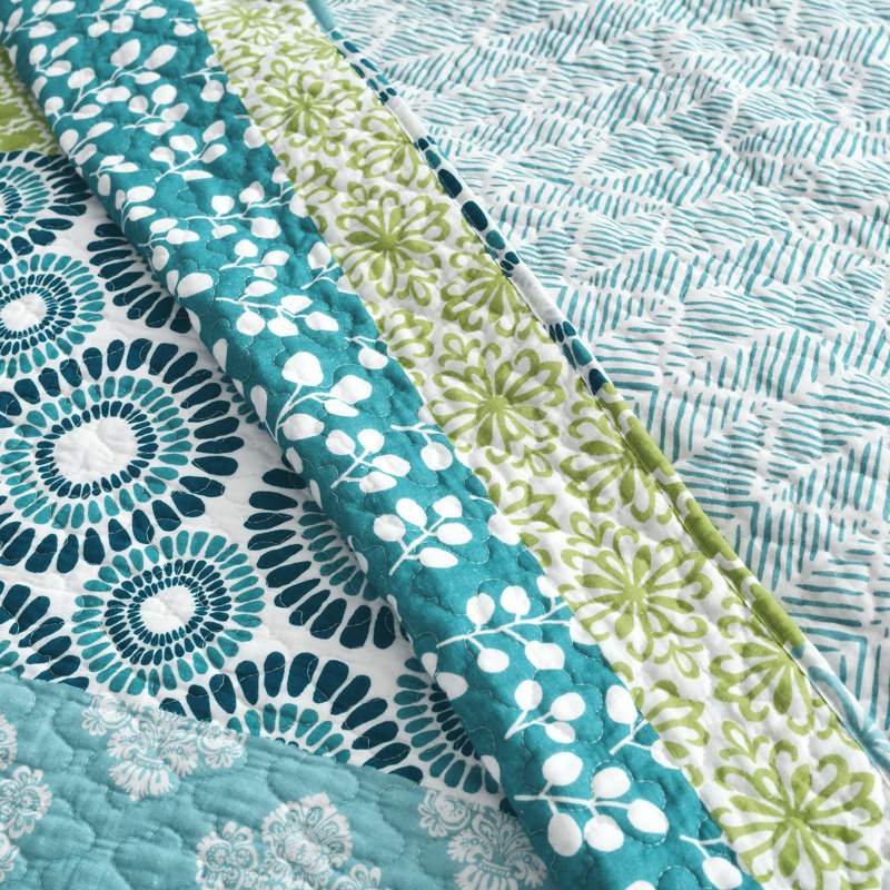Bohemian Blue and Green Cotton Full/Queen Reversible Quilt Set