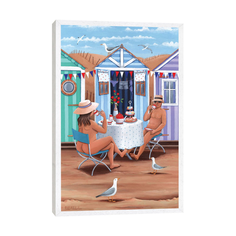 Beach Huts Afternoon Teas by Peter Adderley - Print on Canvas, White Framed, 66.04 cm H x 45.72 cm W